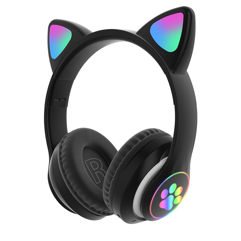 RGB Cat Ear Headphones Bluetooth 5.0 Bass Noise Cancelling Adults Kids Girl Headset Support TF Card With Mic Earphones: Black
