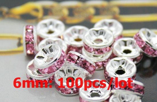 6mm 100 sztuk Metal srebrny Plated kryształ Rhinestone Rondelle koraliki dystansowe luzem koraliki dla DIY akcesoria do wyrobu biżuterii Supplie: Pink