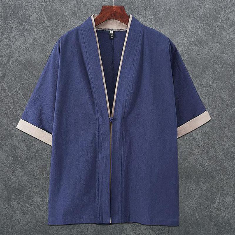 Cárdigan Kimono de lino de estilo chino para hombre, ropa tradicional Yukata japonesa Samurai, ropa informal de playa, ropa asiática delgada, 3XL, 4XL, 5XL: L / Marfíl
