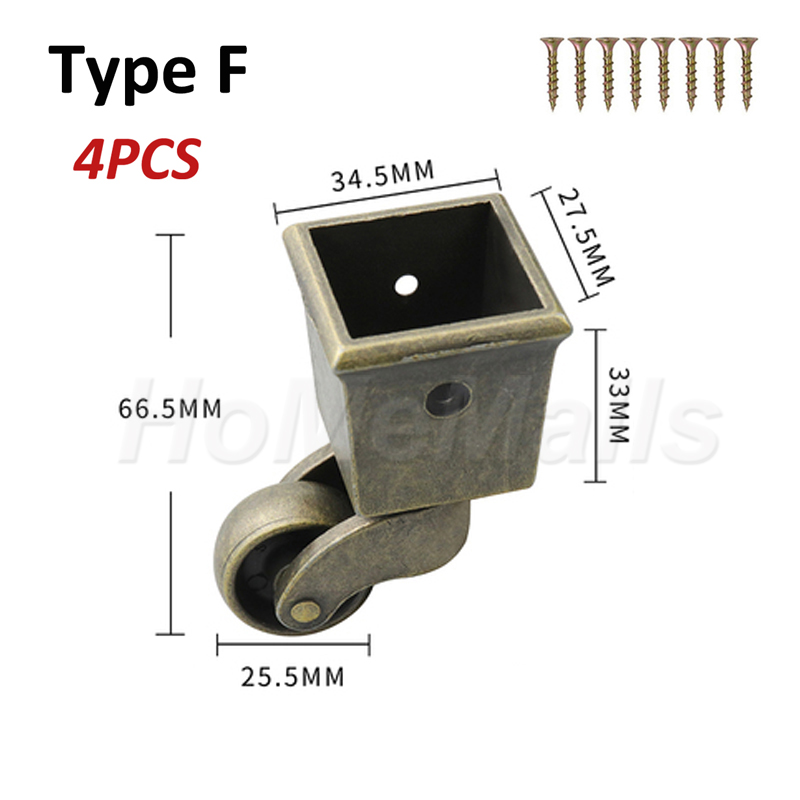 4pcs Swivel Caster Wheels Metal Casters 360 Degree No Noise Furniture Casters For Table Cabinet Zinc Alloy Furniture Hardware: Type F