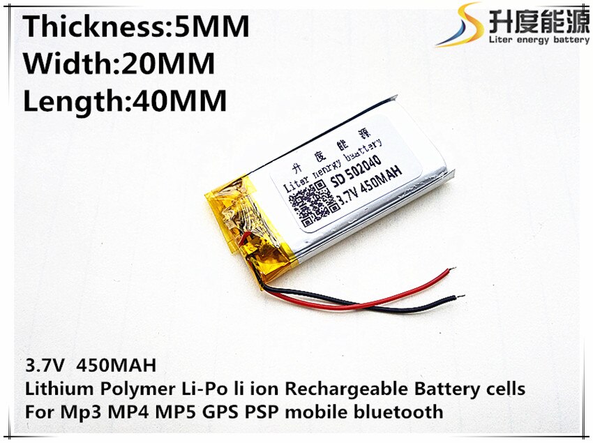 3.7V 450mAh 502040 Lithium Polymer Li-Po li ion Rechargeable Battery cells For Mp3 MP4 MP5 GPS PSP mobile bluetooth