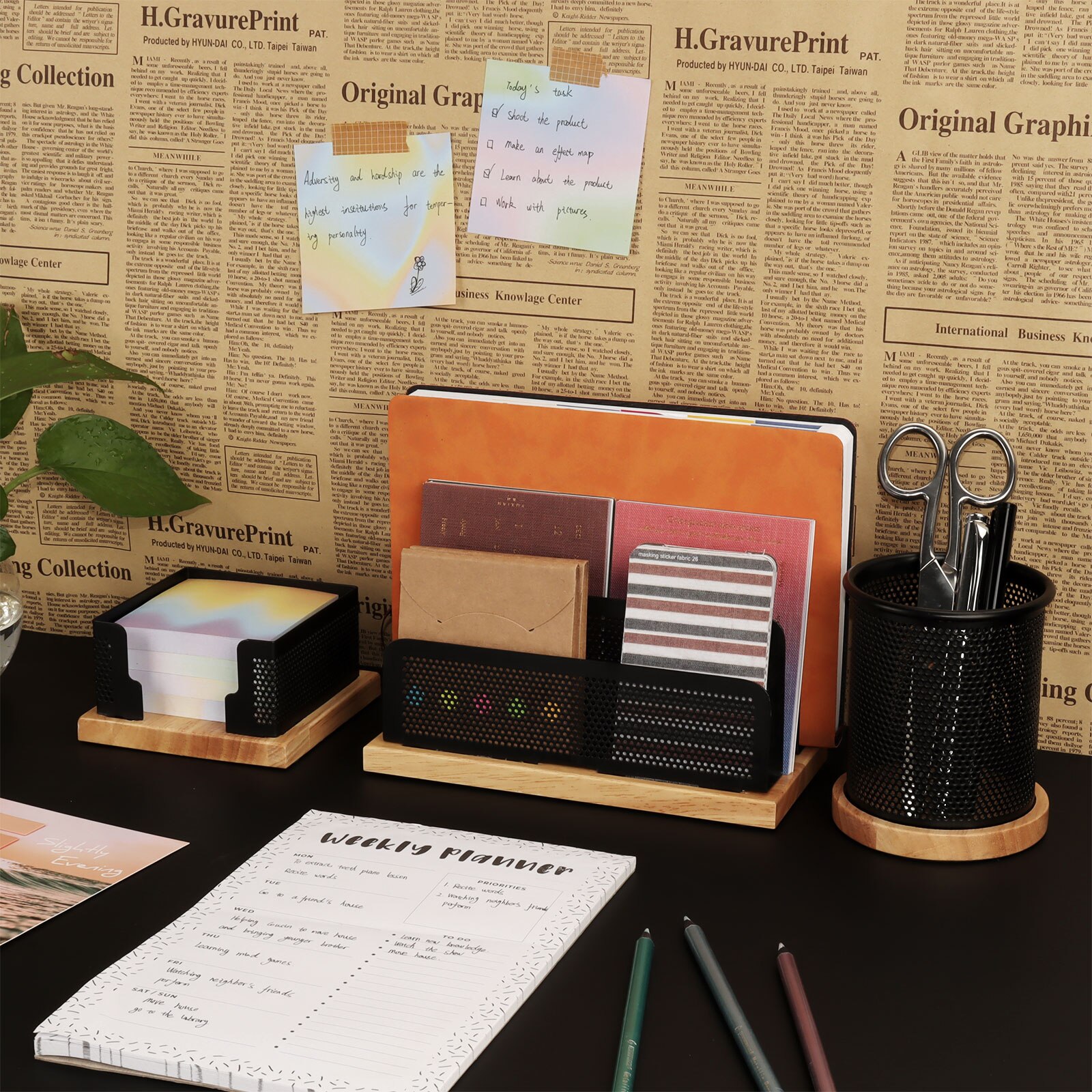 Wood Black Mesh Office Desk Organizer Set Pencil Pen Holder Sticky Notes Memo Holder Upright Stand Letter Sorter Mail Document