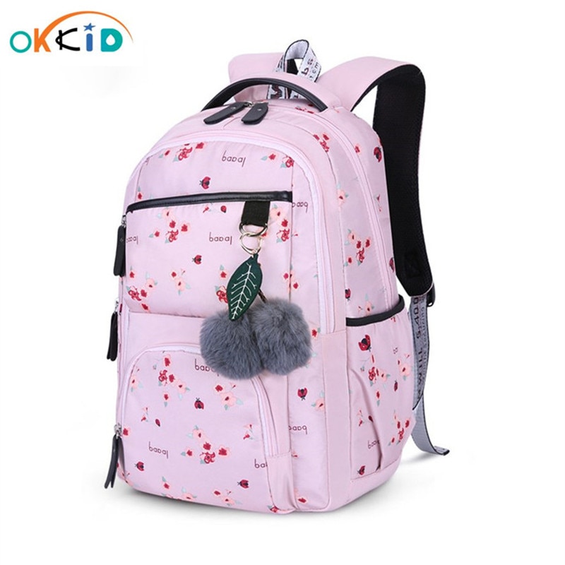 Okkid Kids Leuke Roze Bloemen Rugzak Student Schooltassen Voor Meisjes Bont Bal Vrouwelijke Laptop Rugzak 15.6 Kind Reizen tas