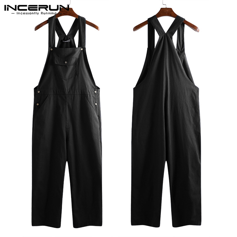 Men Jumpsuit Rompers Joggers Streetwear Solid Color Pants Pockets Loose Strap Suspenders Men Overalls Harajuku INCERUN 5XL