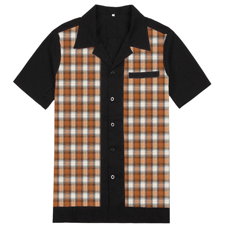 Shirts Men 50s Rockabilly Shirts Men Vintage Punk Rave Shirts Short Sleeve Plaid Printed Rolling Rock Shirt Casual US size: plaid brown / M
