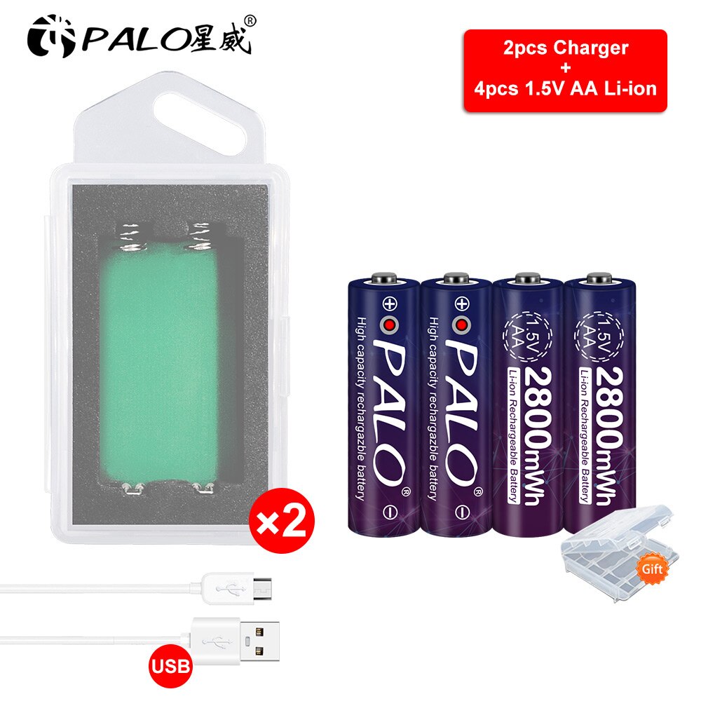 Palo 2-8 Stuks 1.5V 2800mWh Aa Li-Ion Lithium Batterij 1.5V Aa Oplaadbare Batterij Voor Camera Speelgoed + Usb Battery Charger Case: 4 AA 2 charger