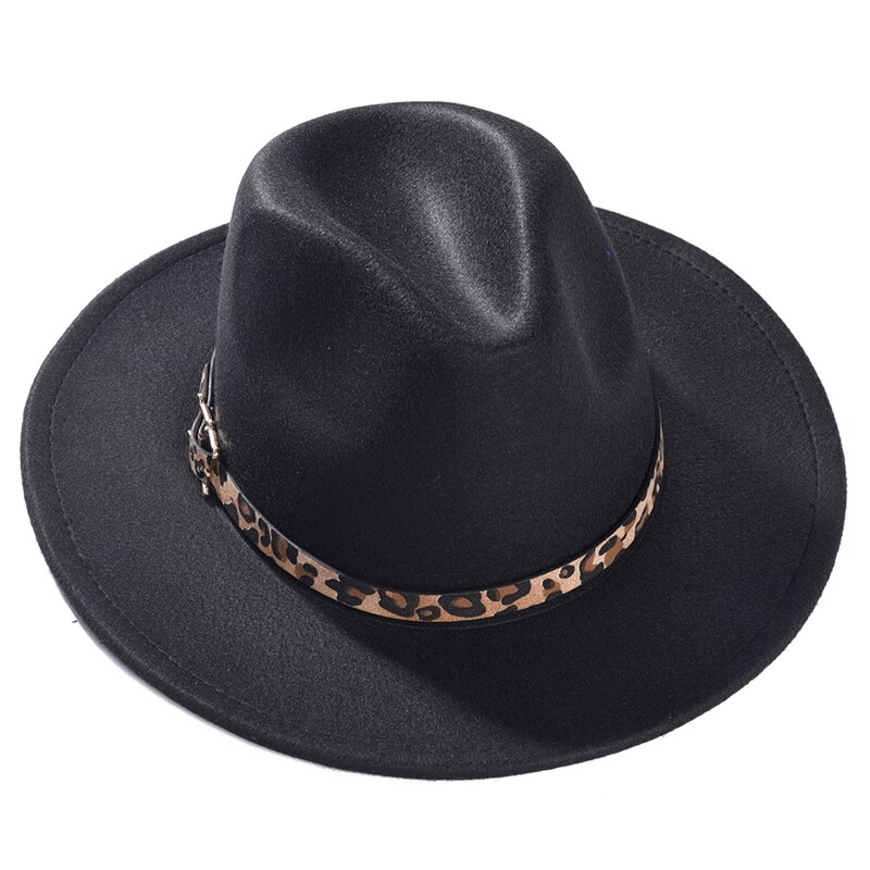 Imixlot Neue retro Frauen Männer Breite Krempe Jazz Kappe Ich bin Freien Einfache Kirche Derby oben Hütte mit Leopard Gürtel Hüte: A