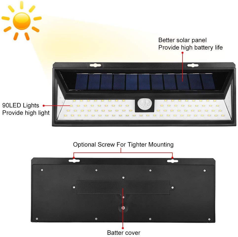 90 led zonne-aangedreven wandlamp met pir-bewegingssensor voor buiten