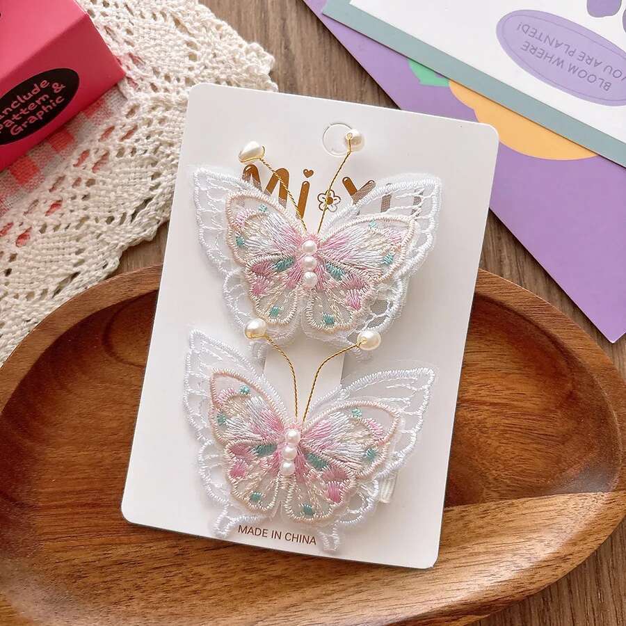 2 piezas de horquillas con forma de mariposa y perlas bordadas para niños, pinzas para el pelo, pasadores, accesorios para el cabello: Morado