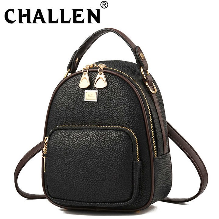 Leather Vintage Shoulder Backpack bag Women mini samll Backpack School Bag girls Travel phone Bags B42-88: Black