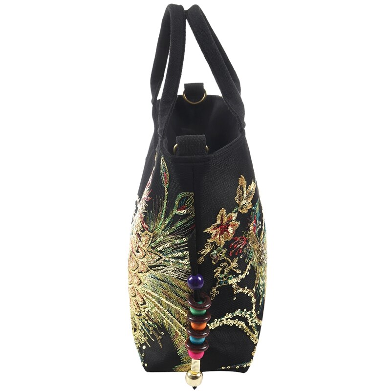 glänzend Pailletten Pfau Gestickte Frauen Leinwand Totes Tasche, Sommer Einkaufen Schulter Tasche Jahrgang Perlen Schnur Handtasche Schwarz