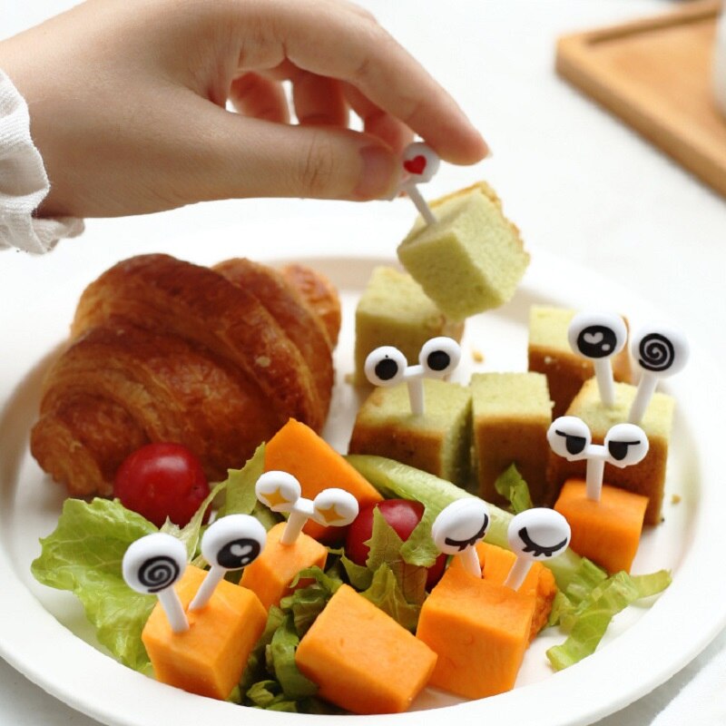 Køkkenudstyr 10 stk tegneserie øjne gafler plastik frugtkage tandstikker dekorativt bordservice værktøj køkken tilbehør