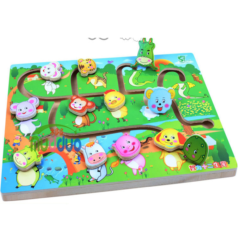 Educatief Vroeg Leren Glijbaan Puzzel Kids Houten Speelgoed Voor Kinderen Labyrinth Puzzel Dier-Body-Match Doolhof Intelligentie