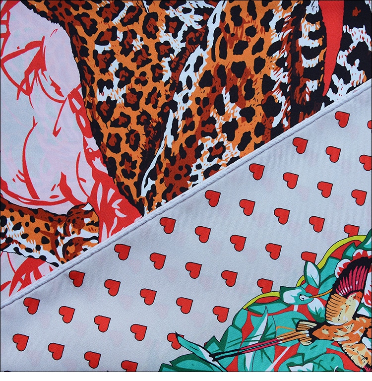 HuaJun 2 Store | | Attention coeur "Jungle Love" 90 foulard carré en soie sergé imprimé écharpe enroulée à la main