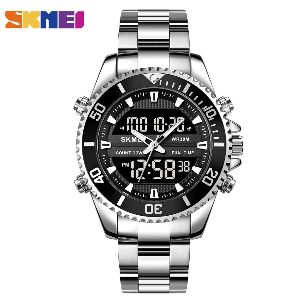 Skmei Dual Display Horloges Heren Mode Digitale Horloges Chrono Alarm Mannen Klok Waterdichte Rvs Relogio Masculino: silver black