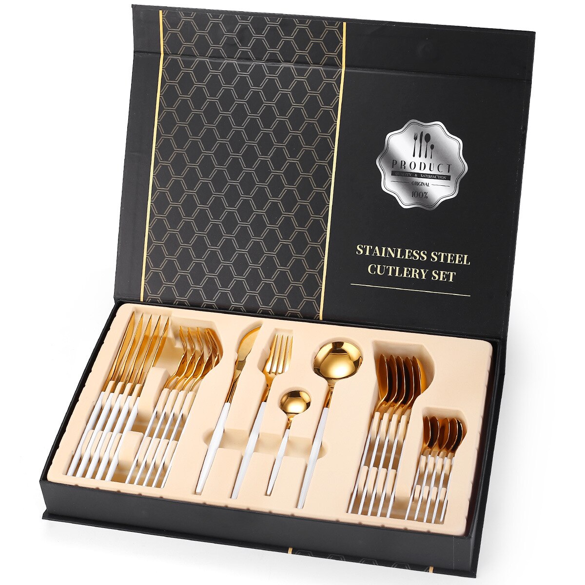24pcs Gold Dinnerware Set Stainless Steel Mirror Cutlery Set Knife Fork Coffee Spoon Home Tableware Set Upscale Box: White gold
