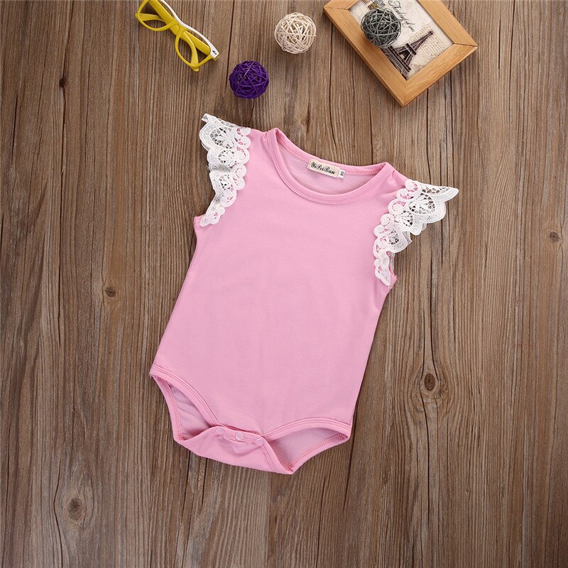 Cotton Newborn Baby Girls Romper Toddler Lace Shoulder Sleeveless Jumper Romper Jumpsuit Baby Summer Clothes: Pink / 12M