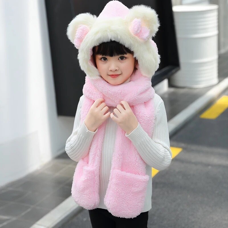 Baby Girls Mom Ears Hats Children Women Winter Warm Plush Winter Scarf Caps Gloves Cute Kids Cute Bunny Funny Hats Cap: Kids-Pink