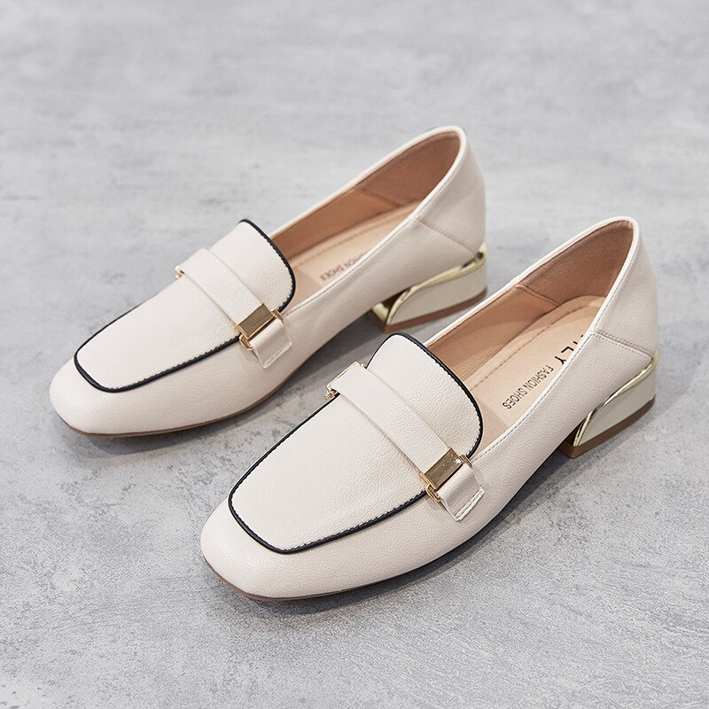 Chaussures à talons en cuir pour femmes, escarpins OL à bout carré, peu épais, 3CM, AC439,: Beige / 5