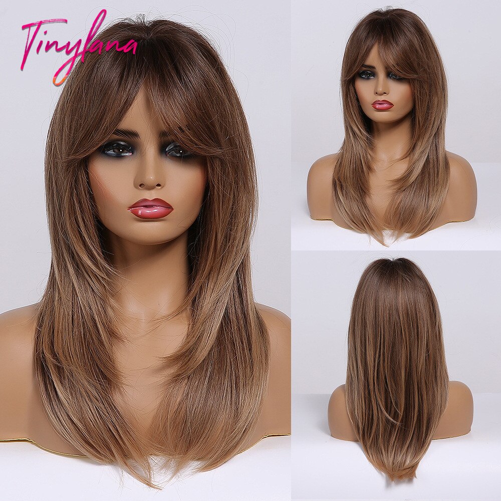 TINY LANA-Peluca de cabello sintético para mujer, cabellera artificial liso de longitud media, color negro y marrón, capas resistentes al calor con flequillo, Natural