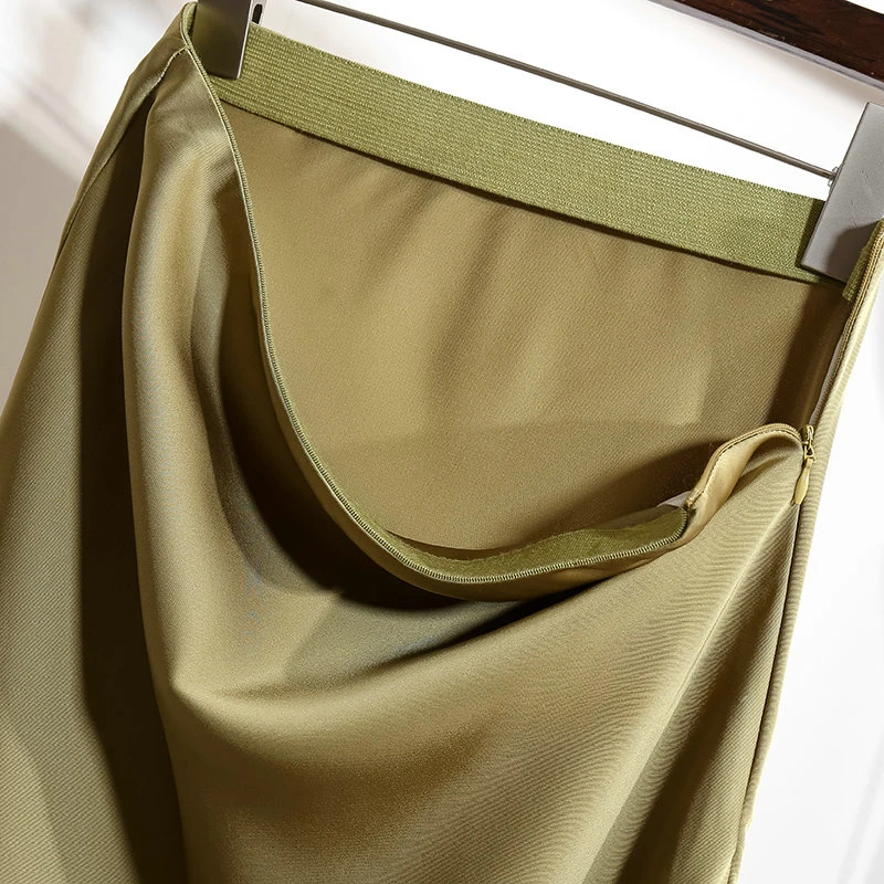 Højtaljet a-linje nederdel til kvinder satin silke ensfarvede nederdele kontordame elastisk talje dame lang nederdel sommer