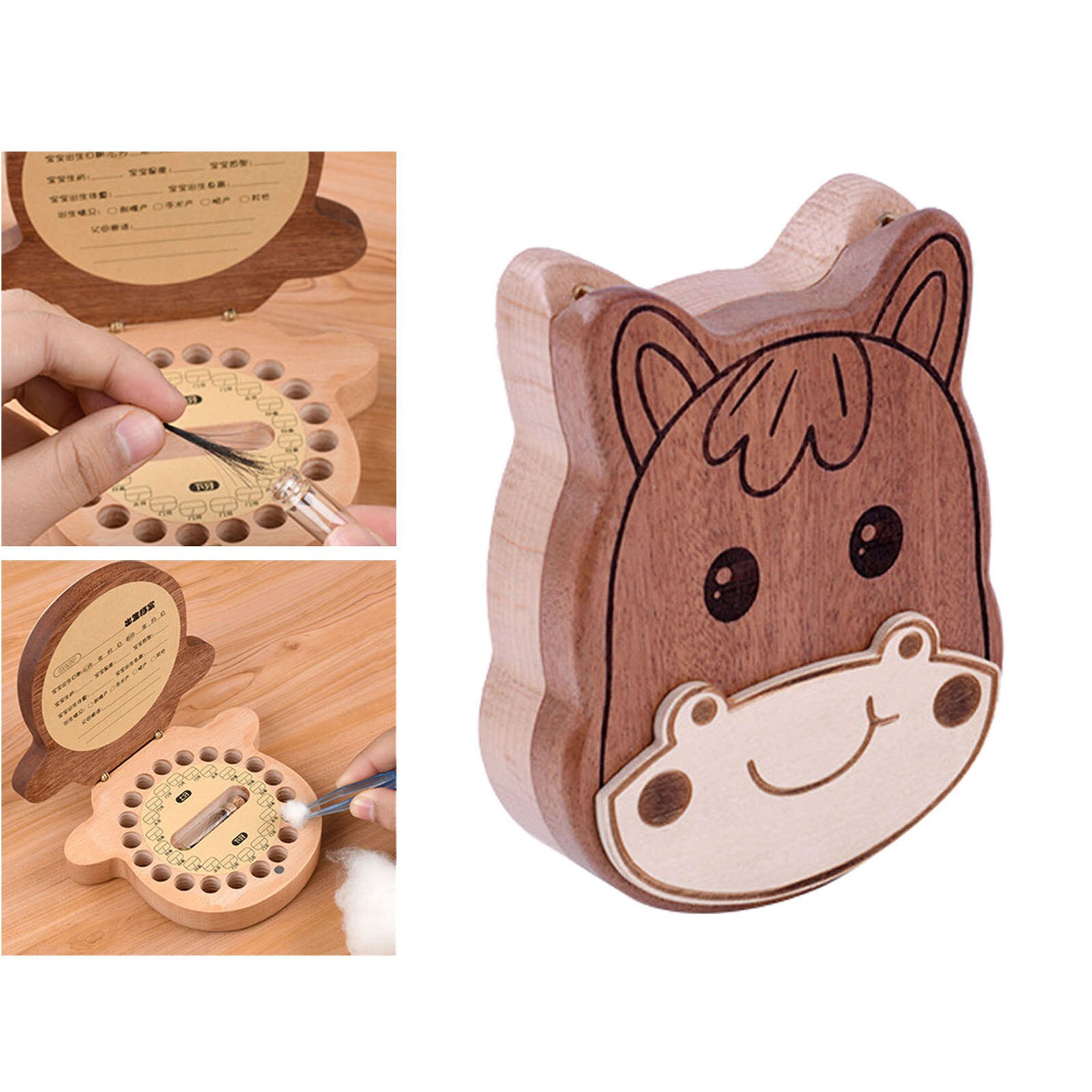 Cartoon Wooden Baby Tooth Box for Milk Teeth Storage Lanugo Hair Collect Container: Horse