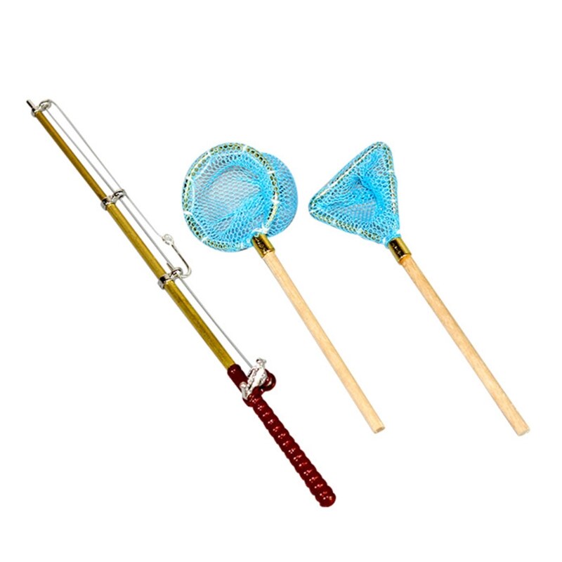 3Pcs Mini Fishing Set Fishing Net & Fishing Rod Decor Miniature Fishing Rod 40JC: Blue