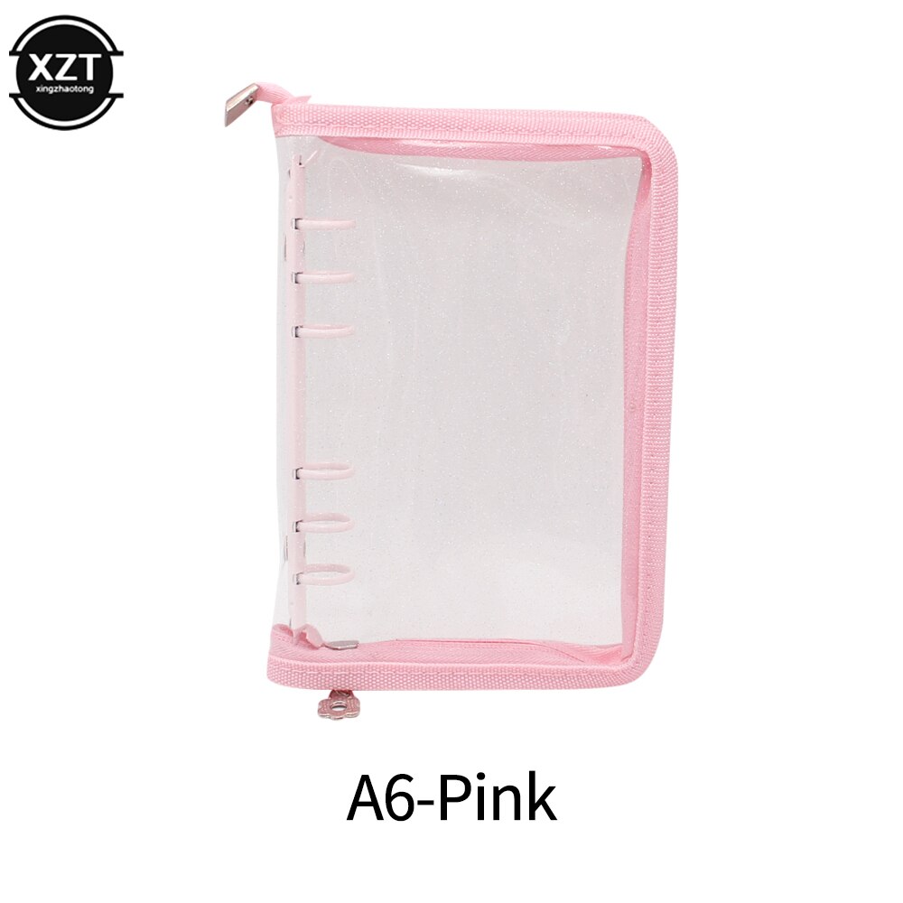 A5 A6 Loose-Leaf Notebook Cover Glitter Zipper PVC Notebook Korean Stationery Diary 6 Hole Binder Clip Notebook Office Planner: A6-pink