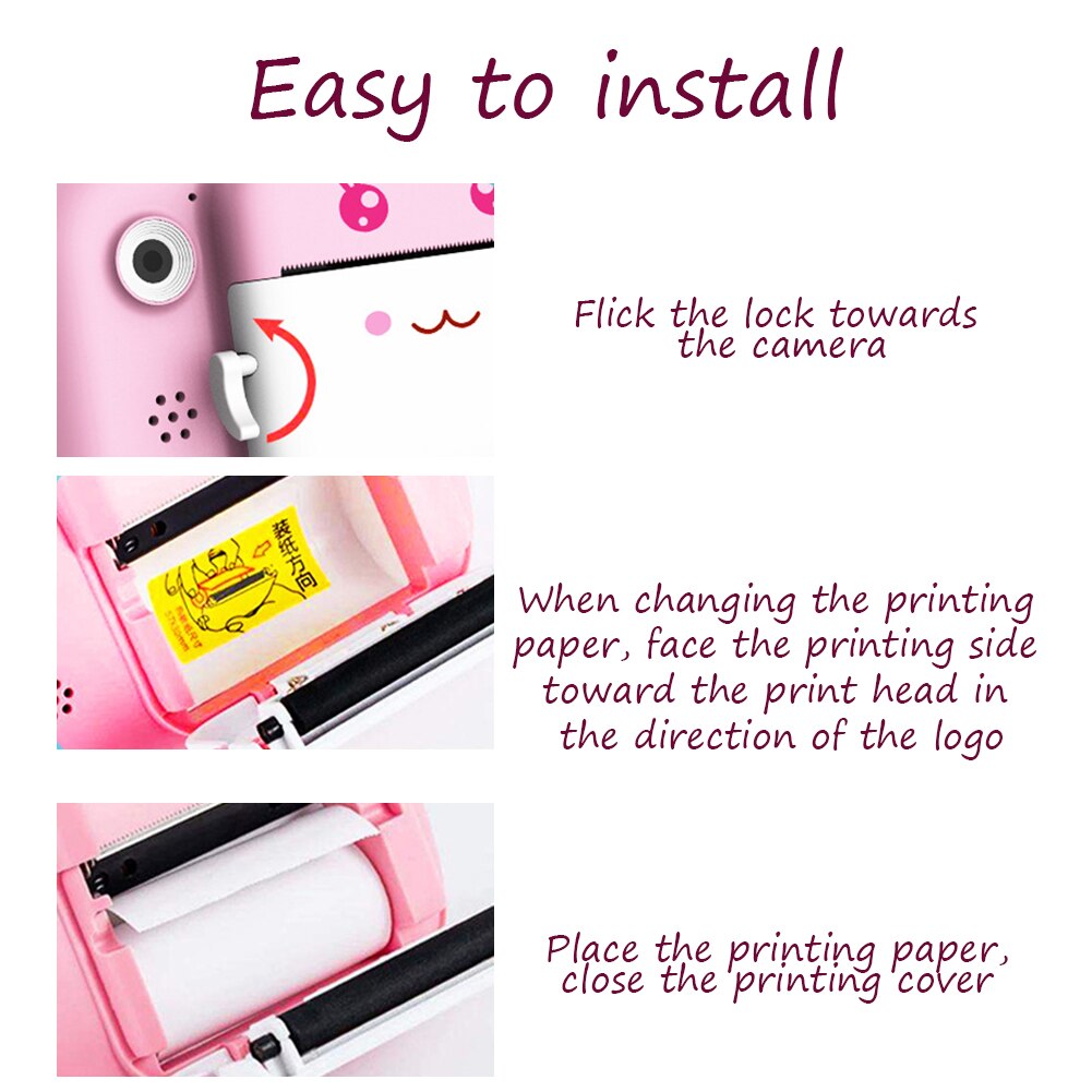 Face Recognition 1080P HD Photo Printer Front Rear Cute Cartoon Photography Kids Camera 2.4inch Large Screen Selfie LCD Display