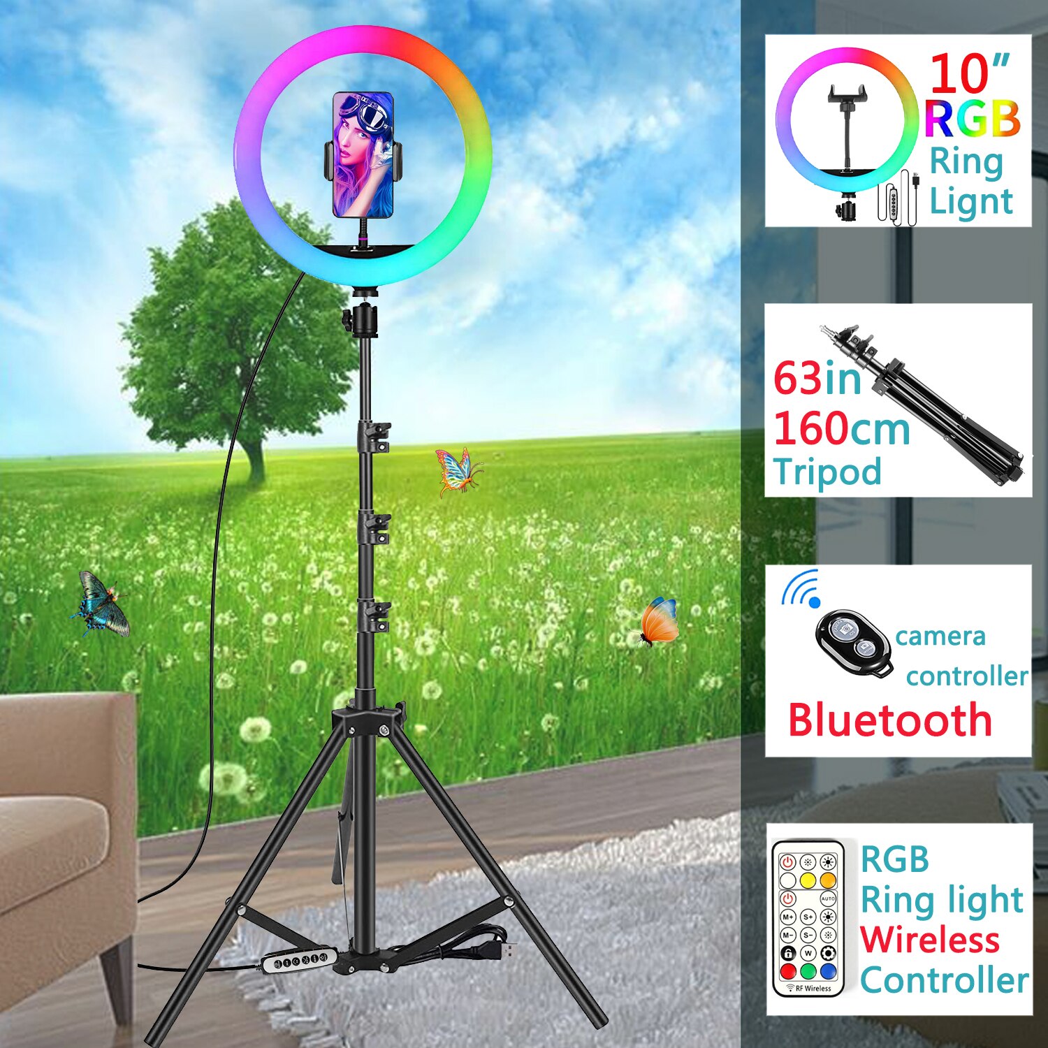 10in Rgb Led Kleur Selfie Ring Licht Fotografie Ringlicht Cirkel Lamp Statief Licht Invullen Telefoon Standhouder Trepied Make-Up: with 160cm Tripod