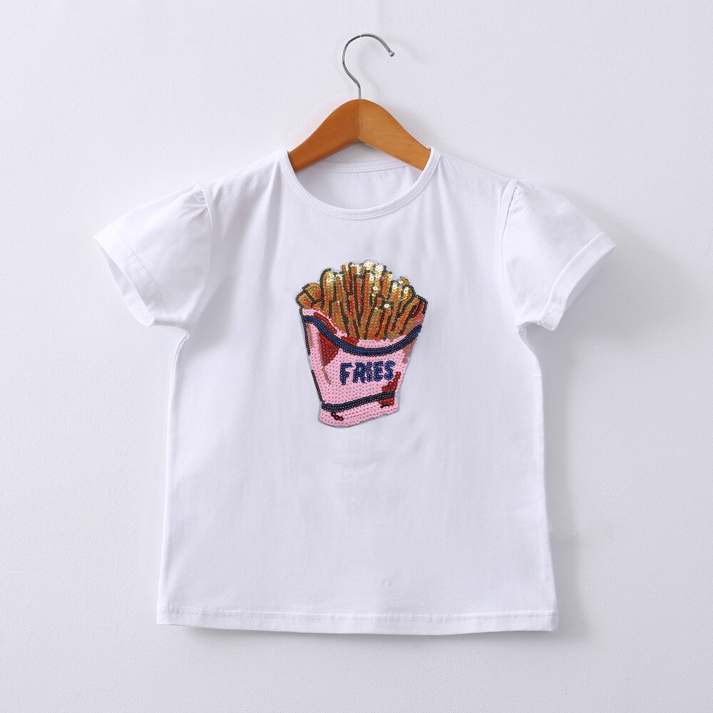 Baby Meisjes T Shirts Zomer Tops Katoen Cartoon Pailletten Shorts Mouwen T-shirts Casual Kids Wit Tee: Fries / 10