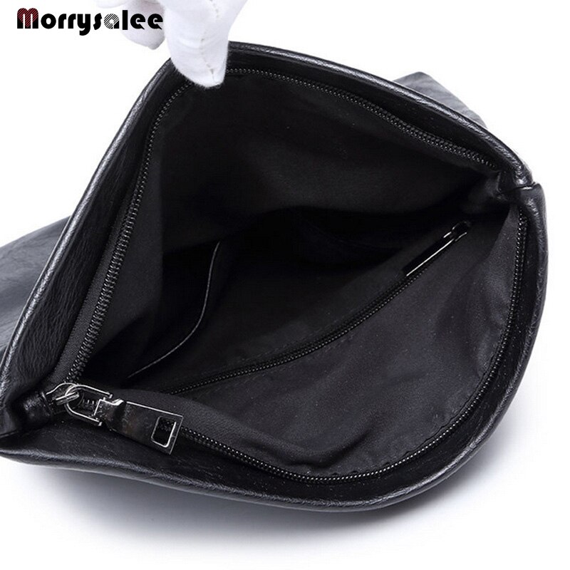 Bolso de mano de cuero negro para hombre, cartera de negocios, sencillo, de gran capacidad, plegable