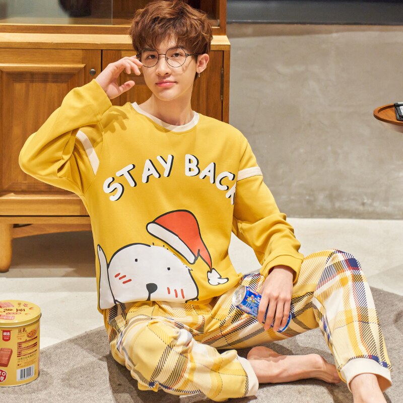 SONG Spring Autumn Pajama Sets For Men Pure Cotton Round Neck Long Sleeve Cute Cartoon Handsome Casual Home Wear Suit