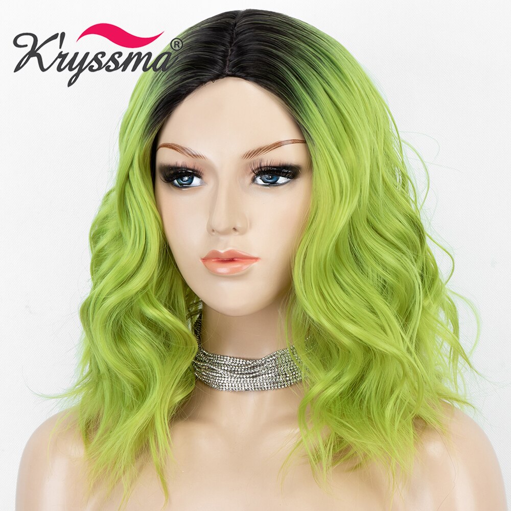 Kryssma Short Bob Wigs Cosplay Wigs Short Wavy Synthetic Wigs For Women Ombre Green Wig With Middle Part Heat Fiber Hair Wig