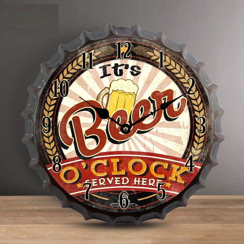 35cm Bottle Cap 3D Wall Clock Retro Beer Wine Modern Iron Metal Silent Quartz Clocks Bar Living Room Home Decor