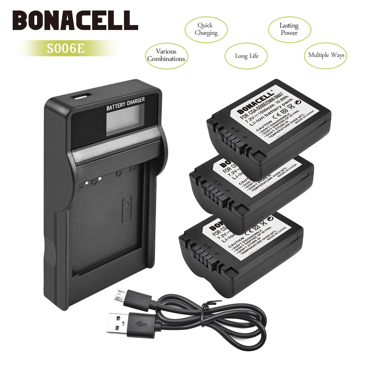 Bonacell 1500mAh CGA-S006 CGR CGA S006E S006A S006 DMW-BMA7 Battery+LCD Charger for Panasonic DMC FZ7 FZ8 FZ18 FZ28 FZ50 L10