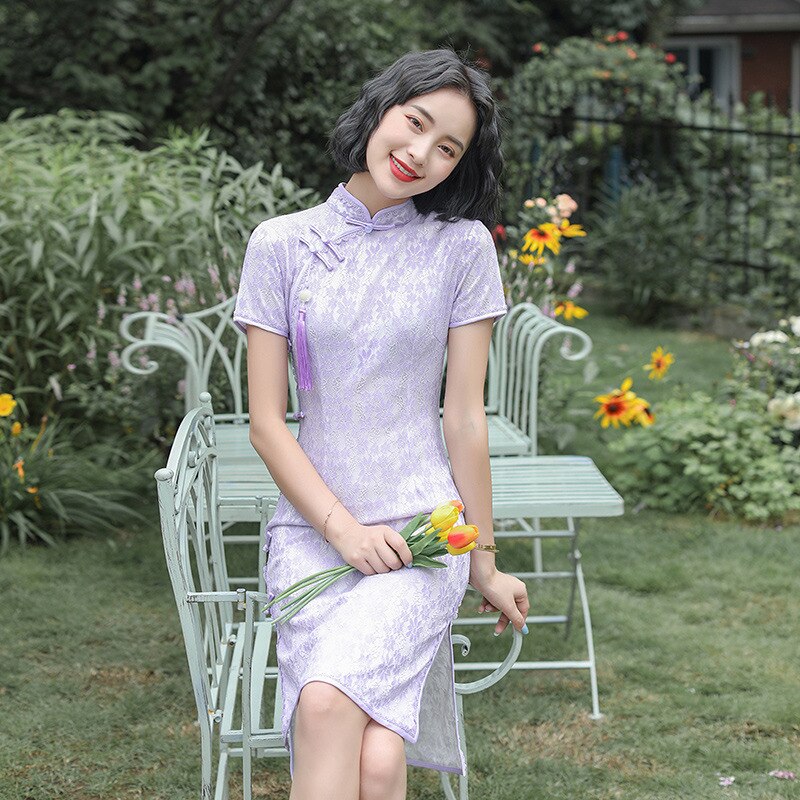 Fzslcyiyi 3 kleuren dames kant qipao jurk korte mouwen cheongsam traditionele kleding chinese nieuwste kant knielange qipao: Paars / Xxxl