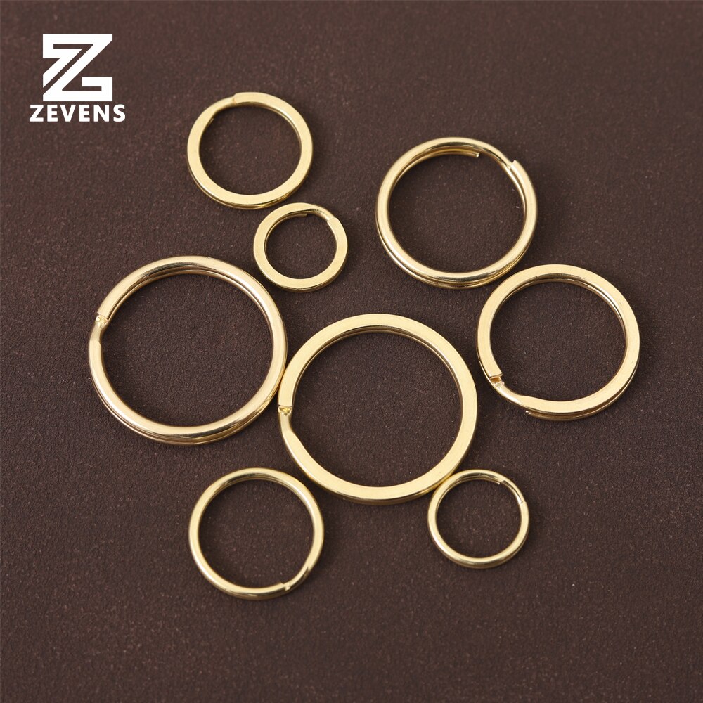 ZEVENS 10 pcs Solid Brass Key Ring Round Flat Style 15-30mm Double Loop Round Ring For Leather Craft DIY Handware