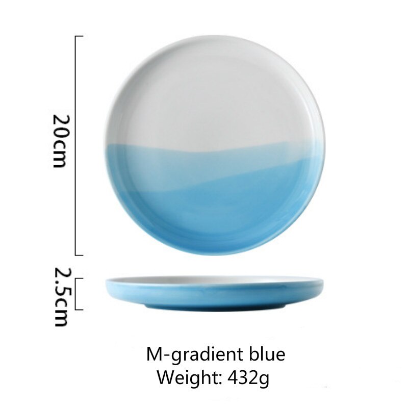 Vajilla de cerámica nórdica de 20/25cm, plato de Color degradado, para carne, Pasta y ensalada, bandeja de postre familiar: M Blue