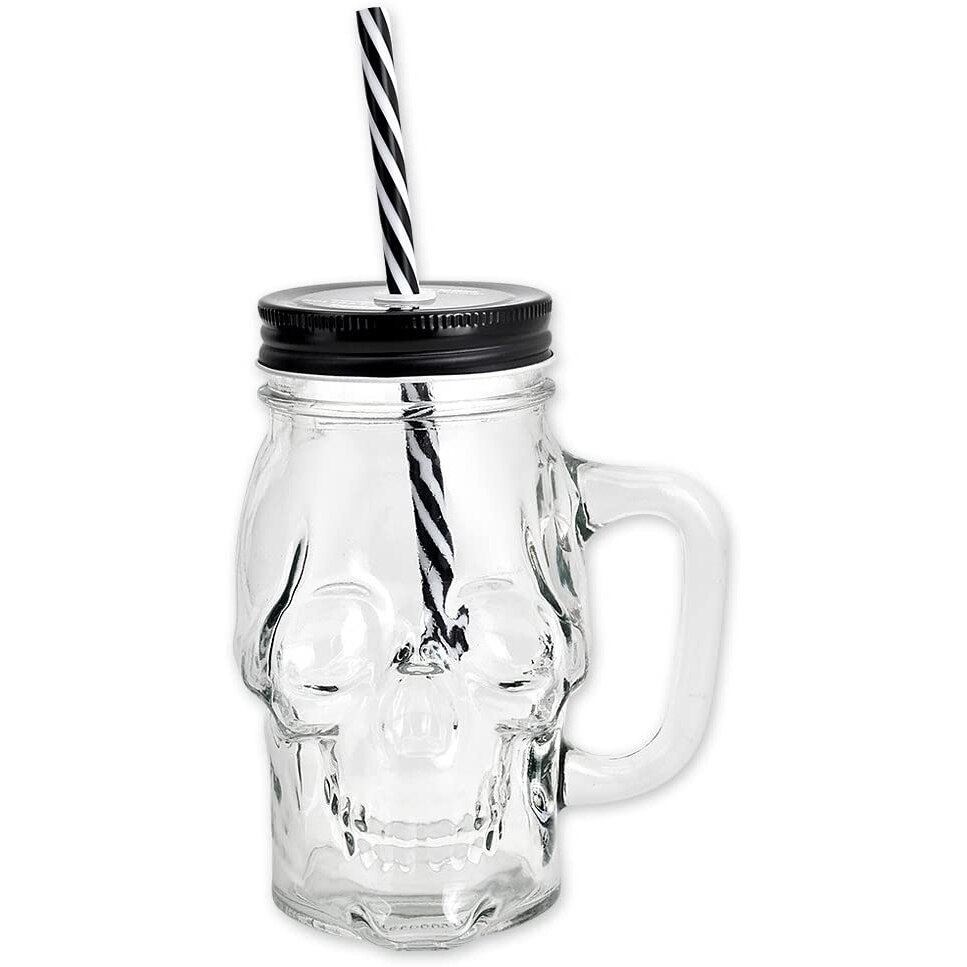 Verre avec couvercle et paille pour tête de mort, pot de maçon à large bouche, gobelet de 16oz: Transparent