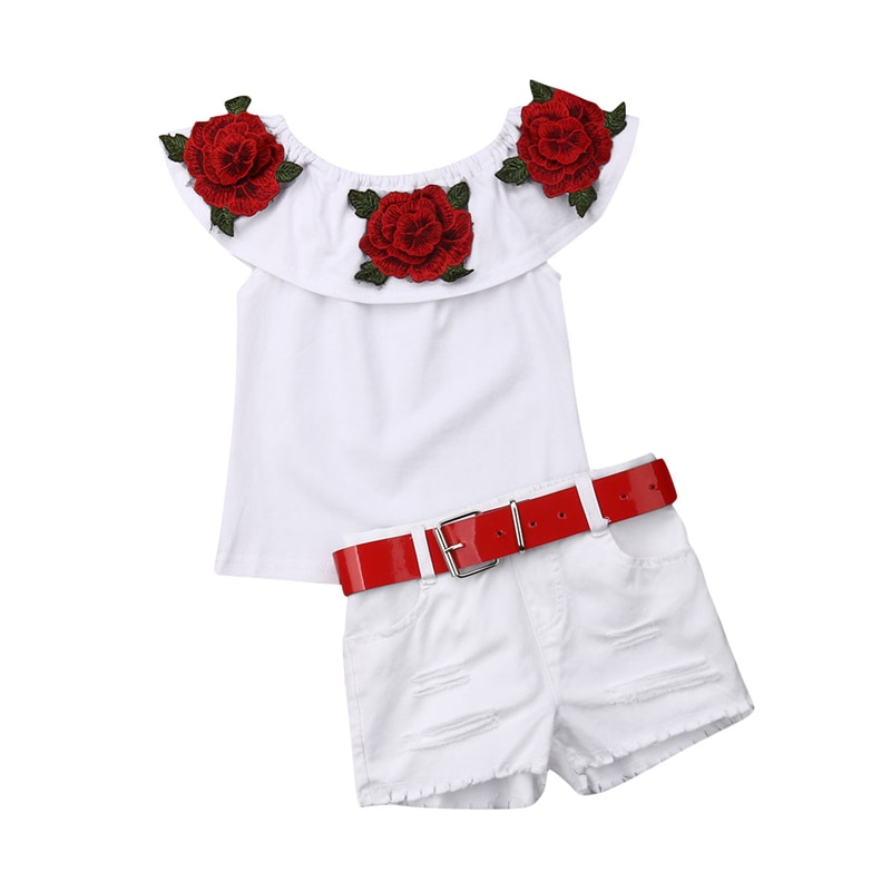 Kids Clothes Girls Rose Flower Off Shoulder Tops+Denim Shorts Baby Girl Summer Outfits Toddler 2PCS Clothes