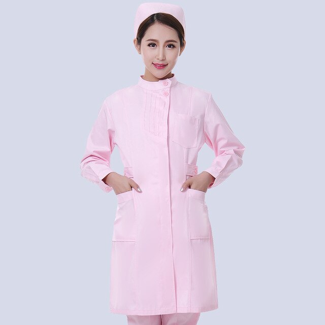 Enfermera verano ropa de trabajo de manga corta cuello redondo invierno de manga larga Hospital Médico farmacia belleza salón uniformes bata de laboratorio: Pink long sleeve / XL