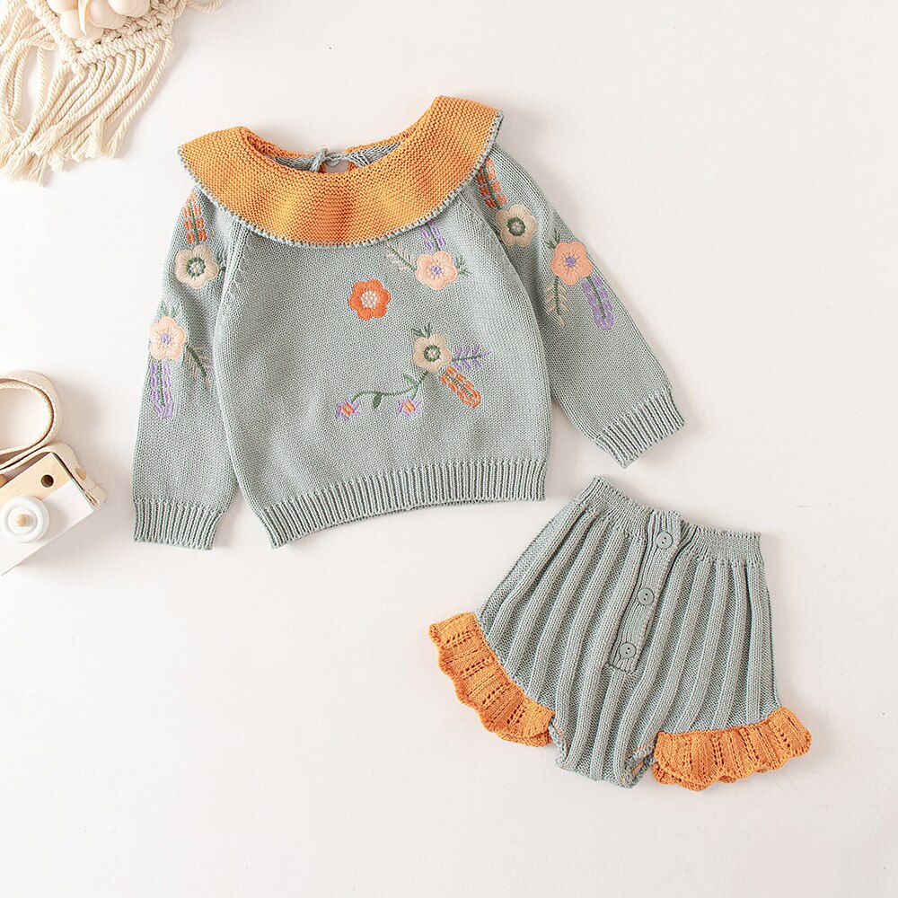 Peuter Baby Meisjes Trui Sets Baby Baby Meisjes Kleding Pak Kind Gebreide Geborduurde Lotusblad Kraag Top Knit Shorts 2 stuks: 9m