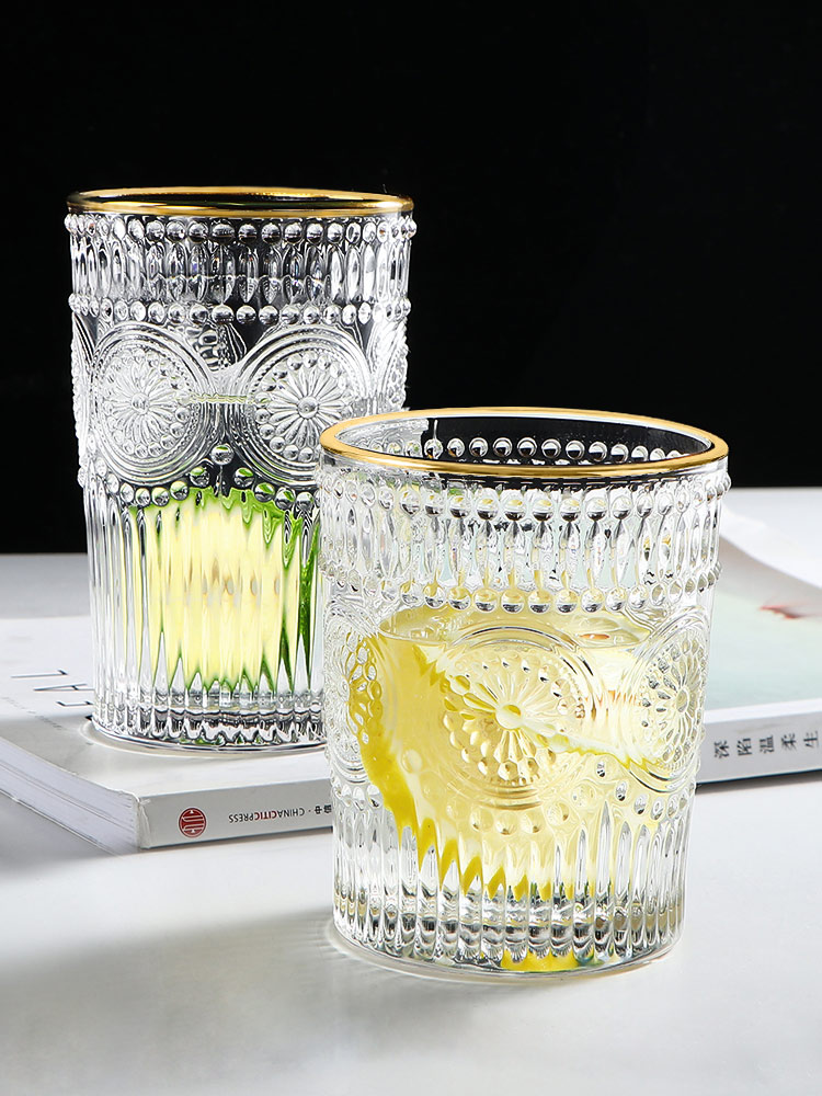 Tableware Crystal Whiskey Glass Cup Relief Glass Cup Juice Cup With Gloden Edge Thickened Water Cup Wine Cup Glass Party Use
