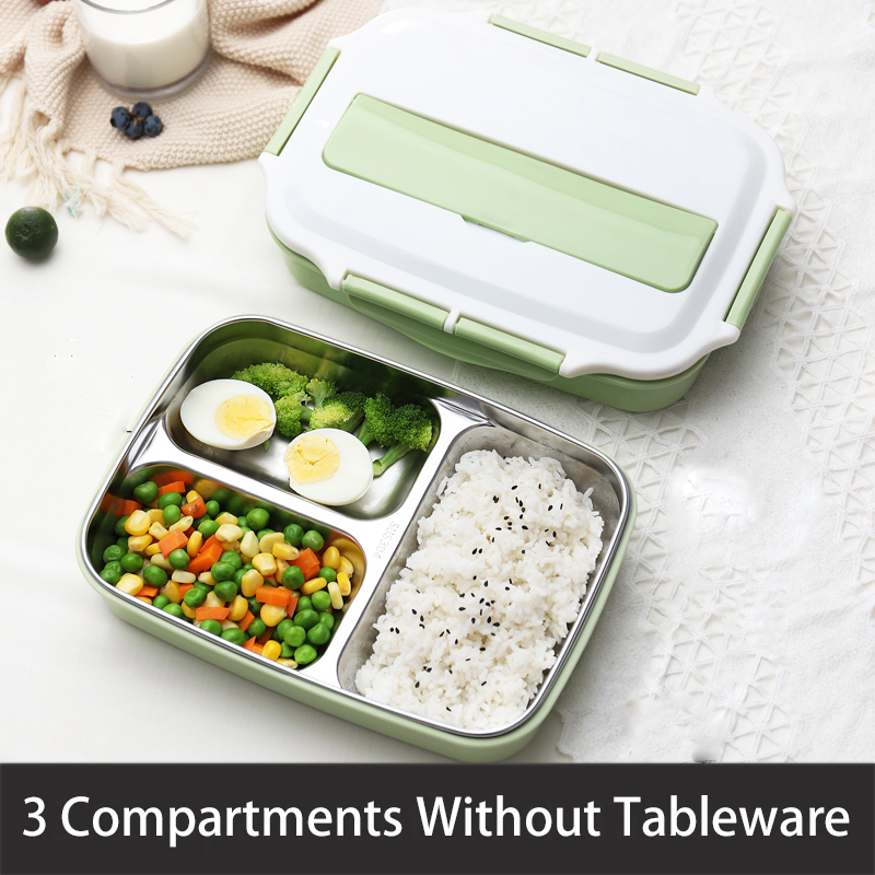 Stainless Steel Thermal Lunch Box Containers with Compartments Leakproof Bento Box Food Container Picnic Office School Lunchbox: Green no tableware-3