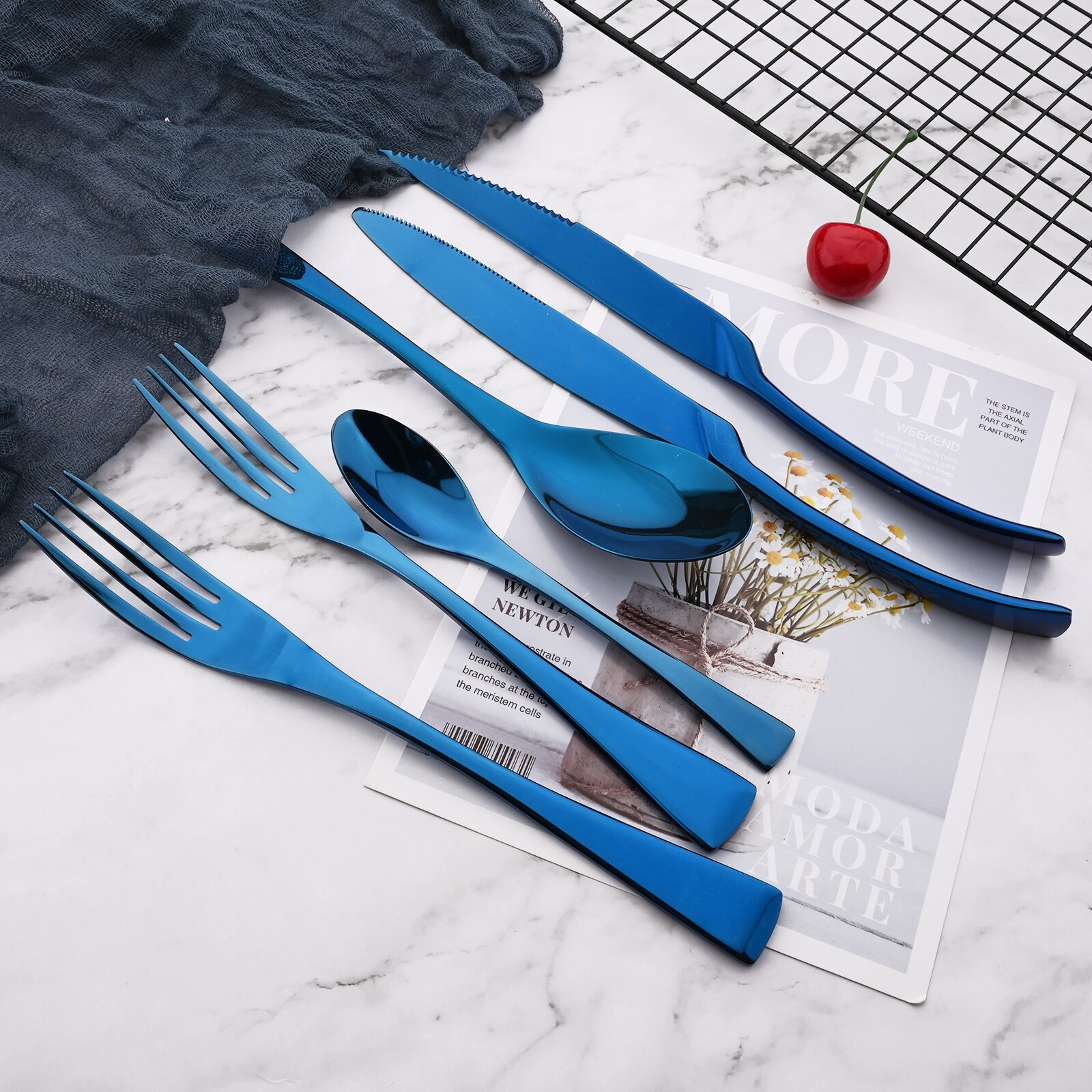 Mirror Blue Cutlery Set 18/10 Stainless Steel Tableware Dinnerware Set Steal Knife Spoon Fork Dinner Set Kitchen Flatware Set
