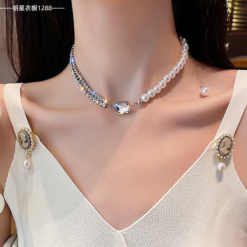 Diamanten Bezaaid Parel Stiksels Ketting Vrouwen Zuid-korea Dongdaemun Mode Gevoel Sleutelbeen Keten Temperament Jewelr: Default Title