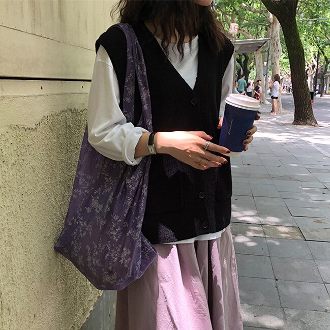 Suéter de punto para mujer, chaleco suave y elástico básico sencillo de uso diario con cuello de pico, liso de punto abierto, ropa de calle femenina, Vintage coreana, combina con todo: Black