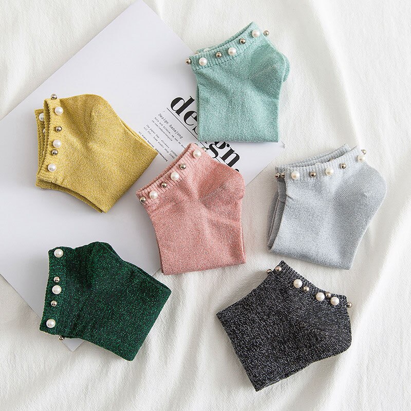 Harajuku enkelsokken zilveren zijden parel damessokken zomer herfst dames katoenen korte sokken