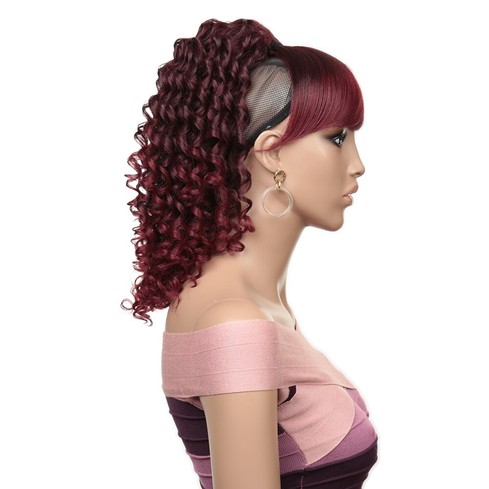 12Inch Kinky Curly Synthetic Ponytail Extention Wig inclined Bangs Built-in BB clip Bang and Wig For Women Golden Beauty: TBUG